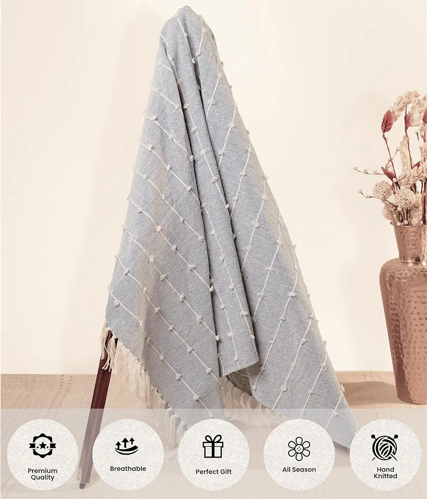 SAJAVAT HOME Hand-Knitted Pure Cotton Sofa Throw | 80x52 Inches/204x132 Cm | Smoke Grey Throw for Sofa, Bed, Chair & Travel - Ideal for All Season | Pack of 1