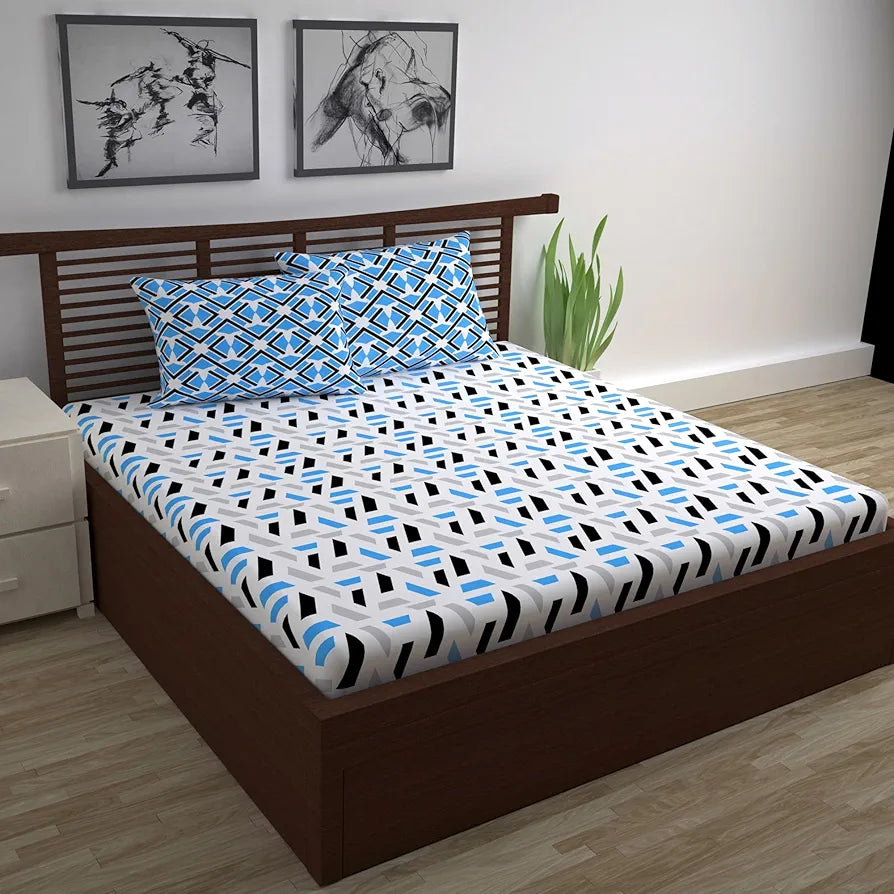 Divine Casa - 144 TC Super Soft Cotton Bedsheet for Double Bed  144 Thread Count - Abstract, Grey & Blue| 222 x 254 cm
