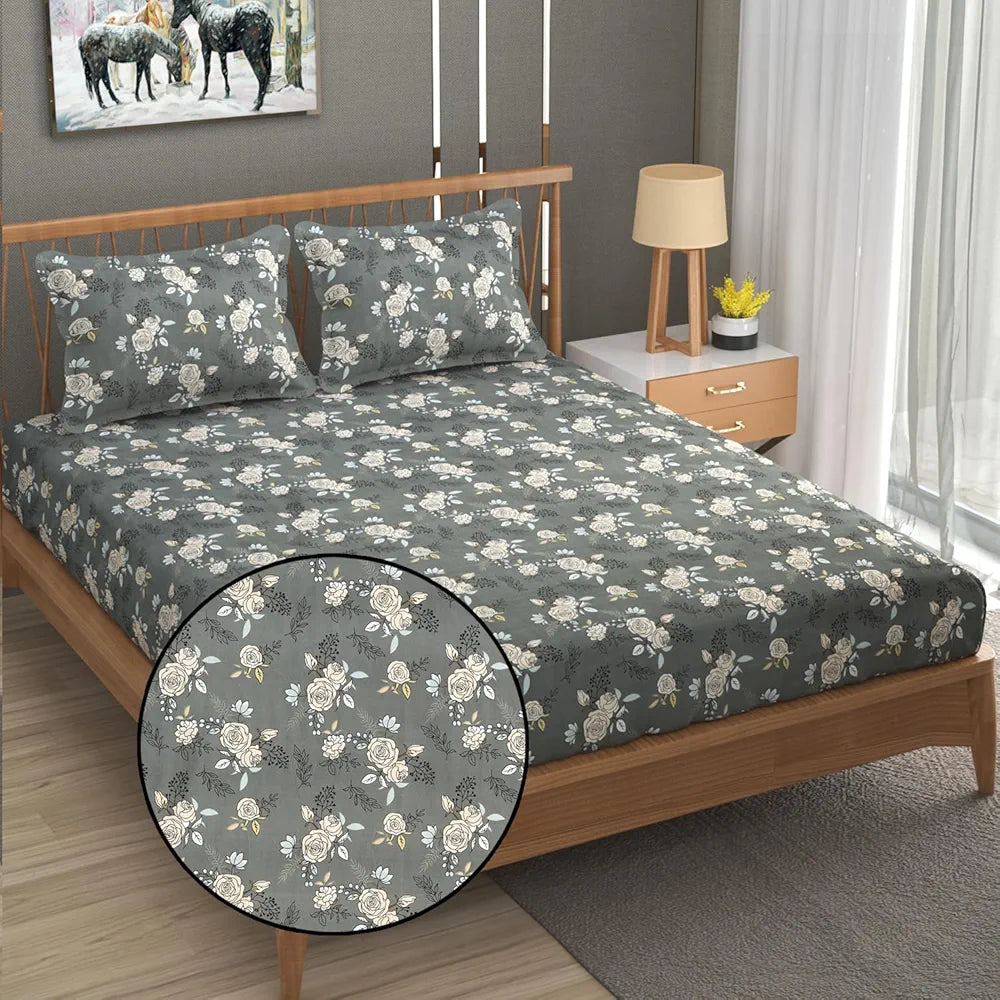 FRESH FROM LOOM King Size Microfiber Fitted Bedsheet Set with Floral Print - 240 TC, Anti Fade, 2 Pillow Covers  | Rose-Oslo-Grey)