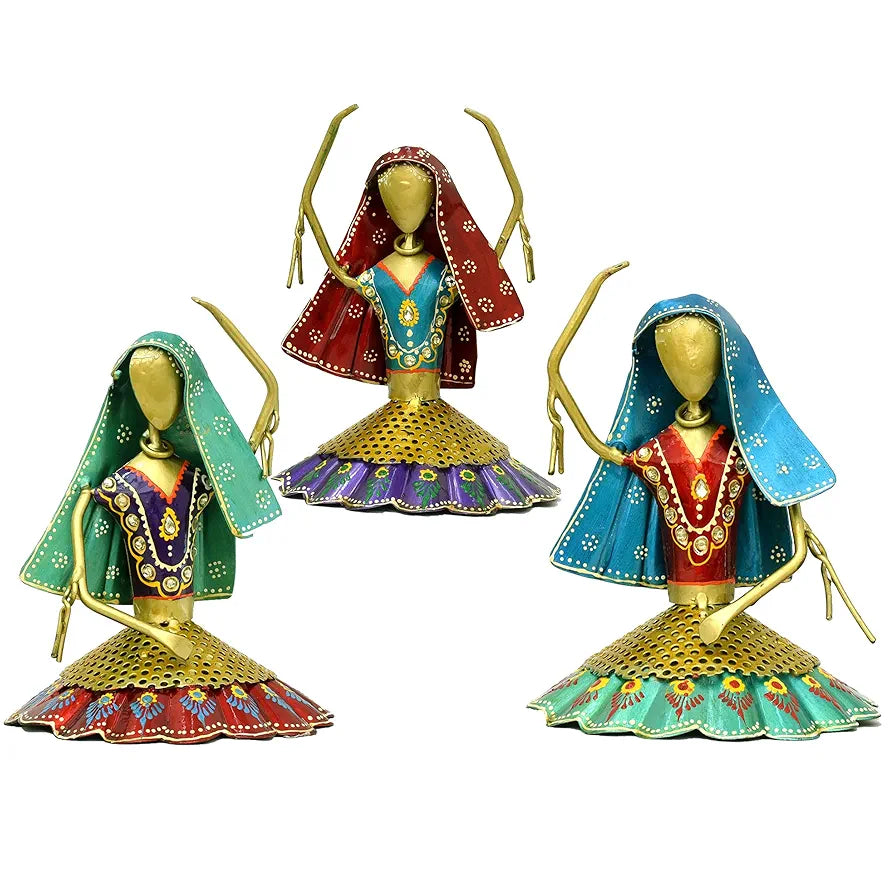 Kraftskala Set of 3 Kalbeliya Dancers Metal Decor Items for Living Room Showcase, Bedroom, Tabletop Decor, Traditional Rajasthani Dancers Decorative Showpieces 