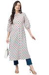 Janasya Women's White Cotton Floral Print Straight Kurta