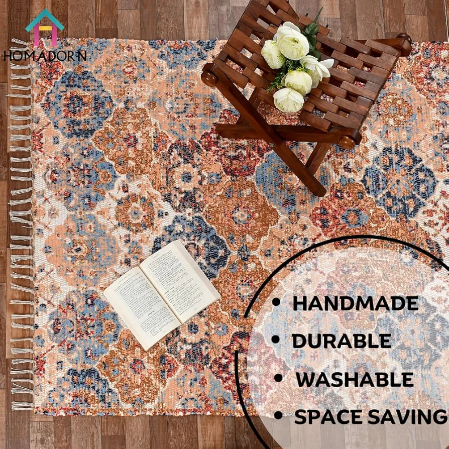 HOMADORN Handmade Sustainable Printed Modern Dhurrie/Rugs/Carpet Upcycled from Fabric for Living Room/Bedside Runner for Enhanced Décor 