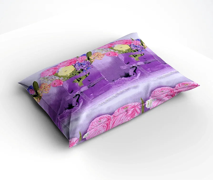 Hfi 160 Tc Polycotton Double Bedsheet with 2 Pillow Covers - Floral, Purple