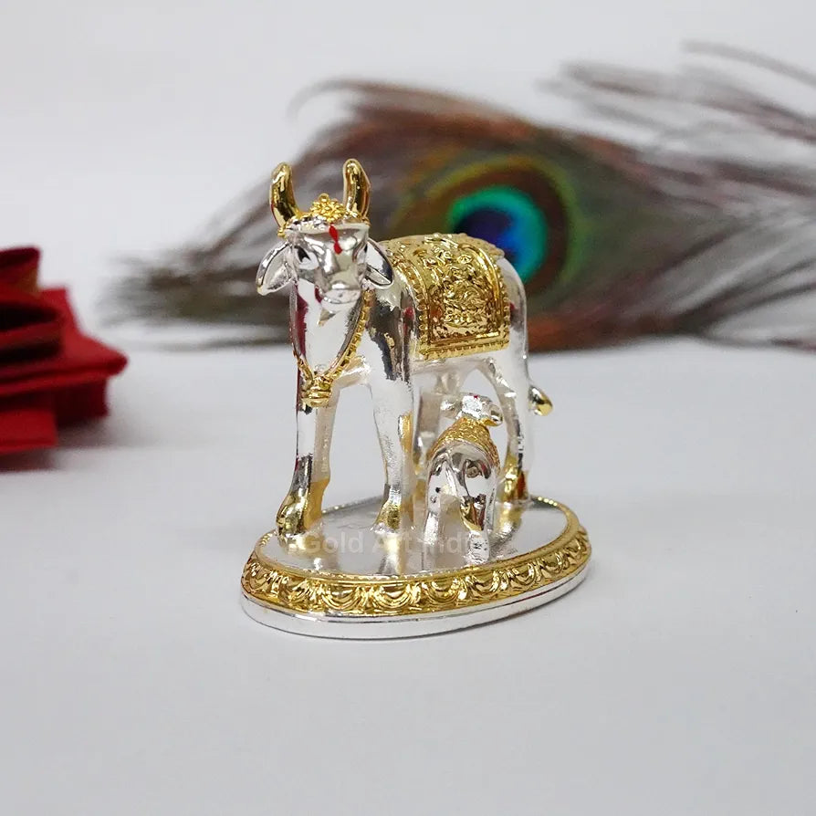 Gold Art India Kamdhenu Cow with Calf Idol Gold Silver Plated | Home Decor Gaay Bachda Cow |Calf for Vastu | Positive Energy | Wealth Idol Diwali Puja | Housewarming 3.3