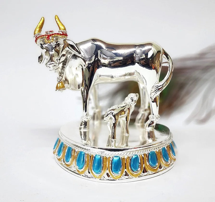 Gold Art India Kamdhenu Cow with Calf 999 Silver Plated Plain | Large Size Vastu & Feng Shui Figurine | Divine Gaumata for Home & Office Decor | Handcrafted with Blue & Gold Accents 