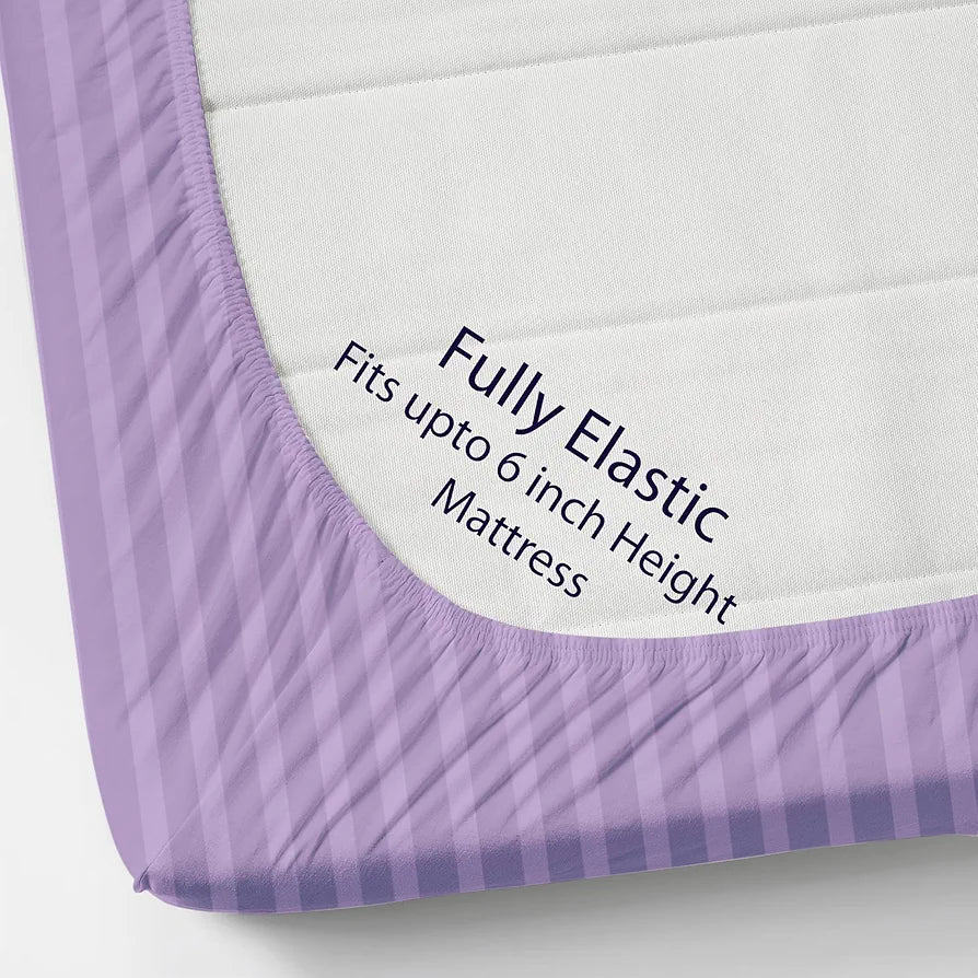 Homefab India 160 TC Stripe Cotton Feel Glace Cotton Elastic Fitted King Size Double Bed Bedsheet with 2 Pillow Covers Fits Upto 6 inches Mattress, Size-72X78 inches, Purple