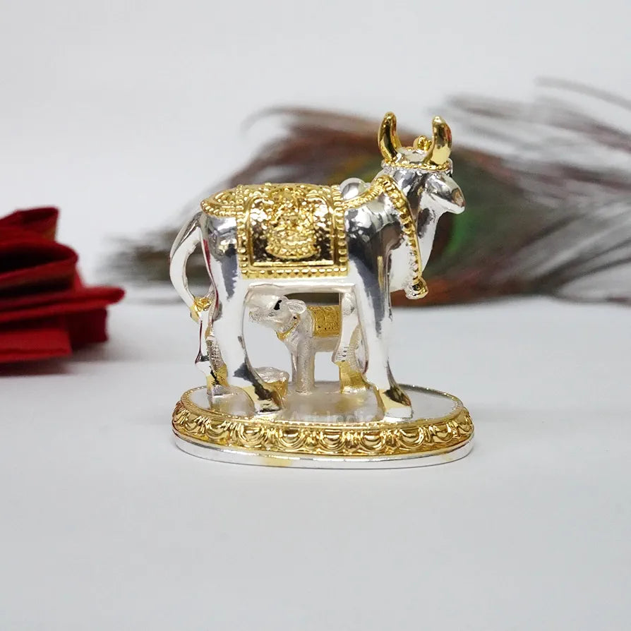 Gold Art India Kamdhenu Cow with Calf Idol Gold Silver Plated | Home Decor Gaay Bachda Cow |Calf for Vastu | Positive Energy | Wealth Idol Diwali Puja | Housewarming 3.3