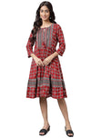 Janasya Women's Maroon Cotton Ethnic Motifs Printed Flared Dress