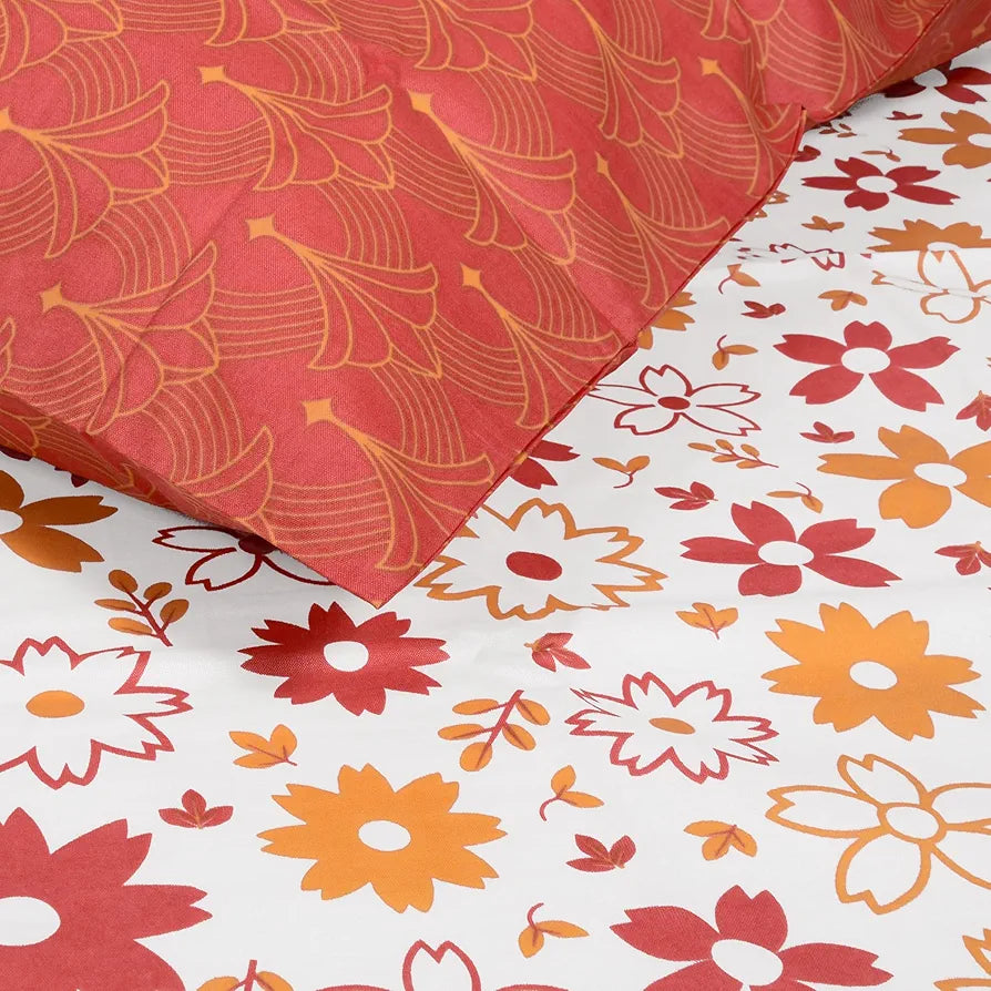 Divine Casa Double Size Bedsheet for Double Bed, 144 TC Pure Cotton Queen Size with 2 Pillow Covers | 222 by 254 cm | Floral | Rust White