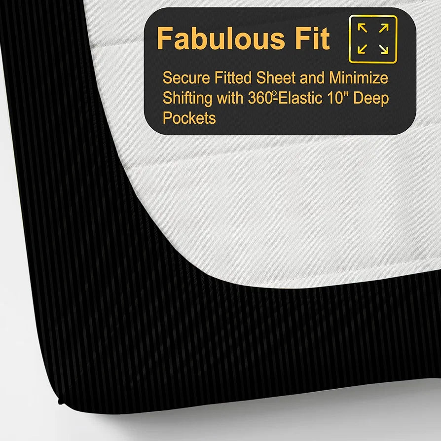 FRESH FROM LOOM Satin Striped Soft Fitted Bedsheet King Size Bed with Two Pillow Cover|Elastic Fitted Bed Sheets|Mattress Tuck in Bed Covers,240 TC,Black