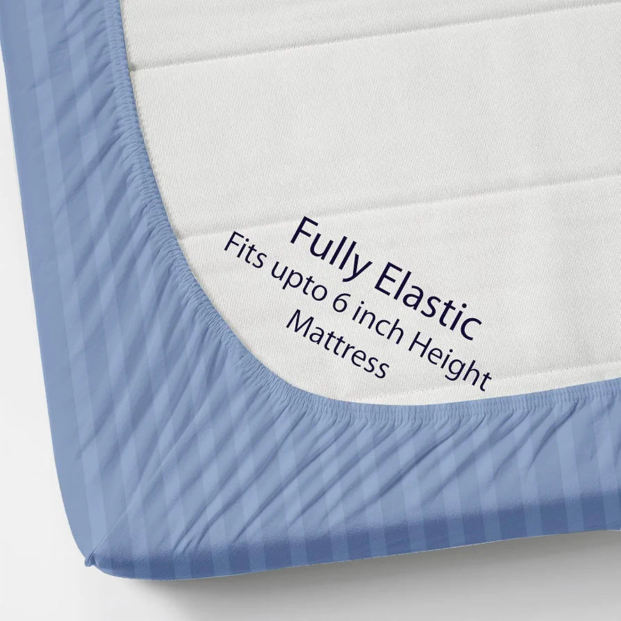 Homefab India 160 TC Stripe Cotton Feel Glace Cotton Elastic Fitted King Size Double Bed Bedsheet with 2 Pillow Covers Fits Upto 6 inches Mattress, Size-72X78 inches, Sky Blue