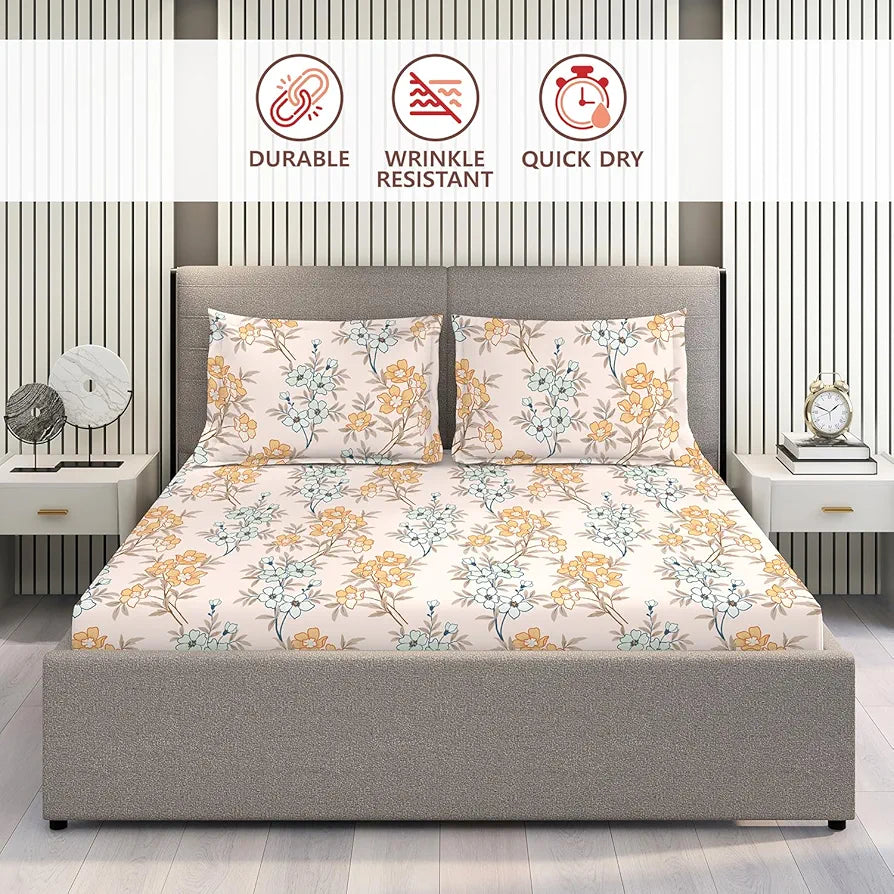 Layers Basicx 100% Cotton Bedsheet Set for All Seasons - Lightweight, Moisture Absorbent, Machine Washable & Easy to Care - Gift for Housewarming & More - 120 TC - Queen Size 