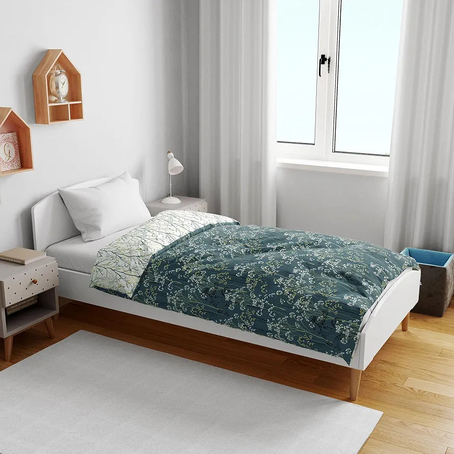 Divine Casa 120 GSM Microfiber Single Kids Dohar  | Soft & Lightweight Throw Blanket | Cozy & Breathable | All-Season Comfort | 140 x 100 CM | Floral Branches Pattern | Teal & White