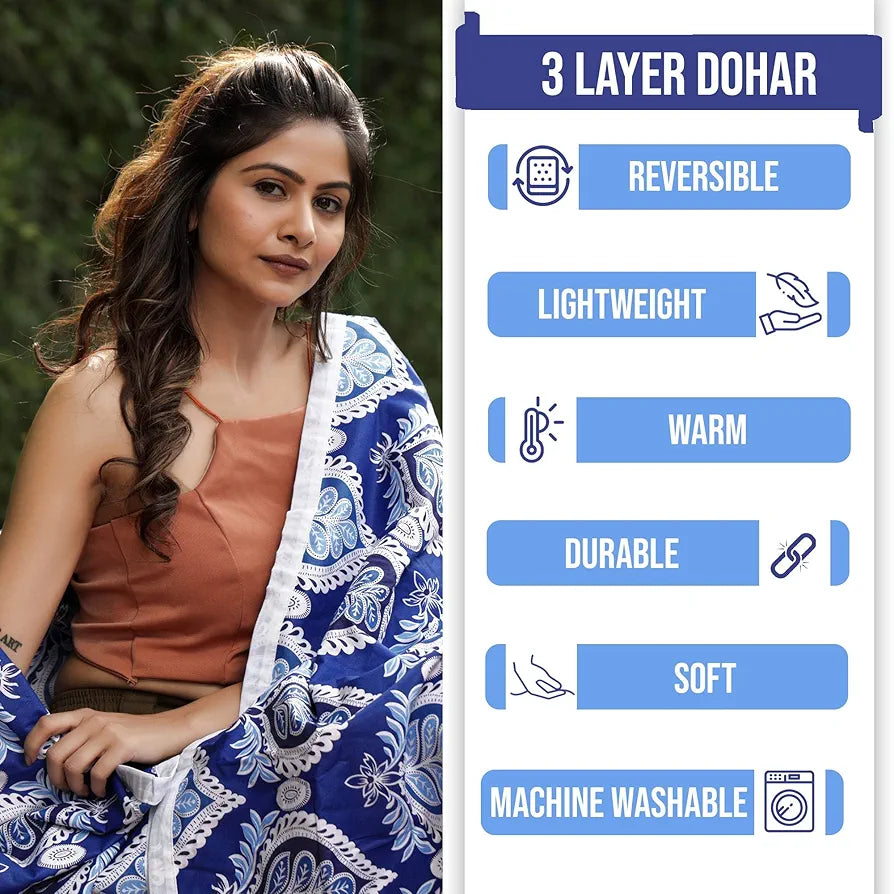 Divine Casa Floret 100% Cotton Double Dohar | 120 GSM | Soft & Lightweight Throw Blanket | Reversible Design | Cozy & Breathable Bedding | All-Season Comfort | 220 x 205 CM, Dazzling Blue