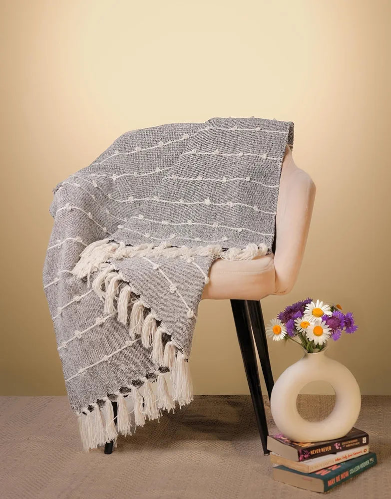 SAJAVAT HOME Hand-Knitted Pure Cotton 3 Seater Sofa Throw | 80x52 Inches/204x132 Cm | Black & Beige Throw for Sofa, Bed, Chair & Travel - Ideal for All Season | Pack of 1