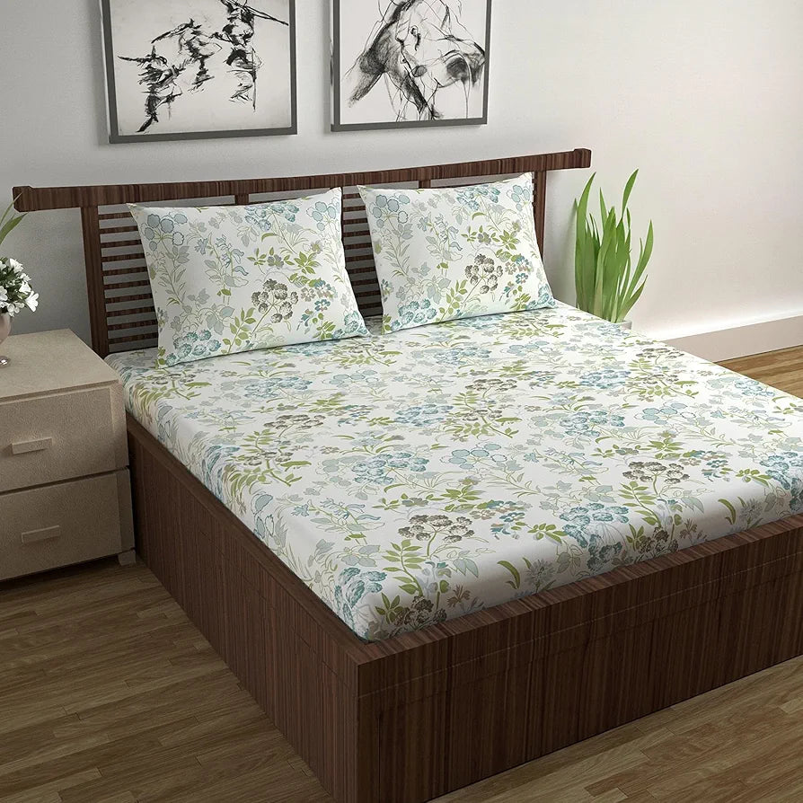 Divine Casa Double Size Bedsheet for Double Bed, 144 TC Pure Cotton Queen Size with 2 Pillow Covers | 222 by 254 cm | Floral | Mint Blue