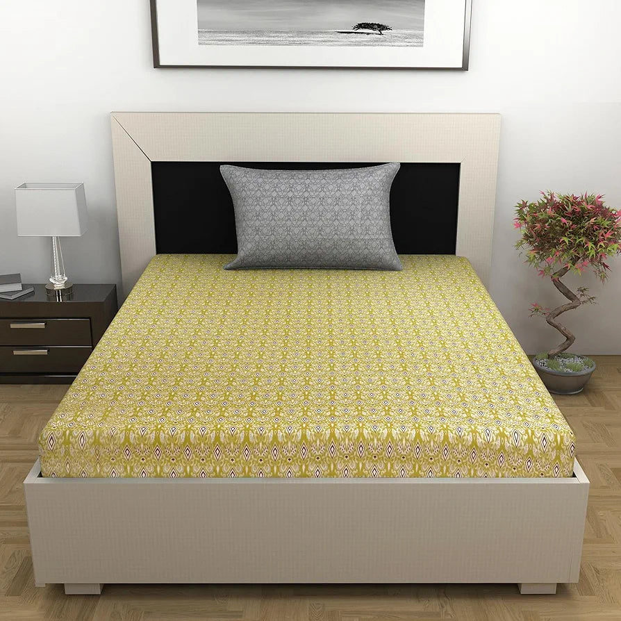 Divine Casa 144 TC Pure Cotton Single Size Bedsheet with 1 Pillow Cover | Soft, Durable & Skin-Friendly Fabric for All-Season Comfort | Size 223 x 145 CM | Geometric Diamond Print | Golden Lime Grey