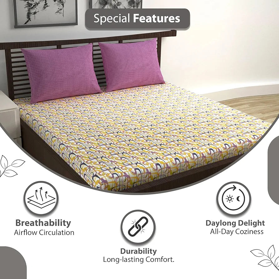 Divine Casa 144 TC 100% Pure Cotton Queen Size Double Bed Bedsheet with 2 Pillow Covers | Soft, Durable & All-Weather Comfortable Easy Care Sheet | Size 222 x 254 CM | Wavy Pattern | Charcoal Yellow