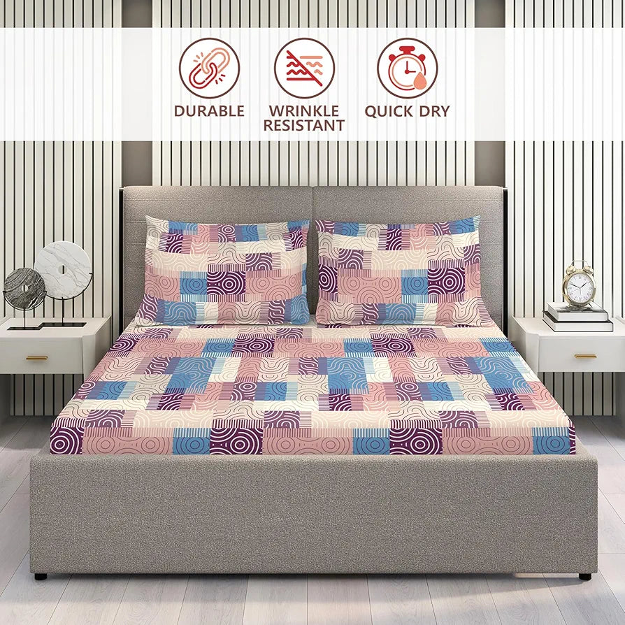 Layers Basicx 100% Cotton Bedsheet Set for All Seasons - Lightweight, Moisture Absorbent, Machine Washable & Easy to Care - Gift for Housewarming & More - 120 TC - Queen Size 