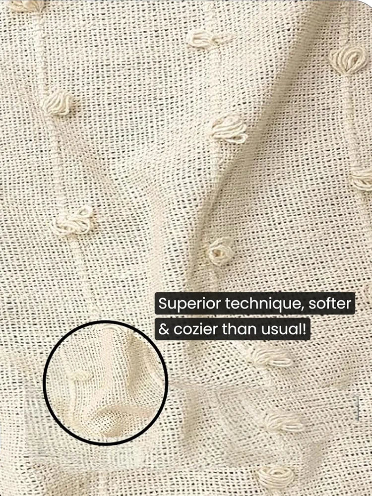SAJAVAT HOME Hand-Knitted Pure Cotton Throw | 80x52 Inches/204x132 Cm | Decorative Large Throw for Sofa, Bed, Chair & Travel - Ideal for All Season | Beige with Tassels | Pack of 1