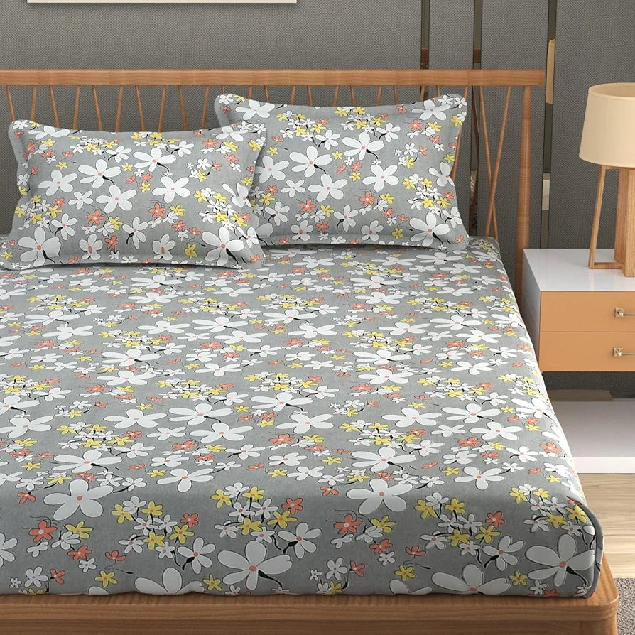 Homefab India 180 TC Microfiber Double BedSheet with 2 Pillow Covers -  - Light Grey, Floral