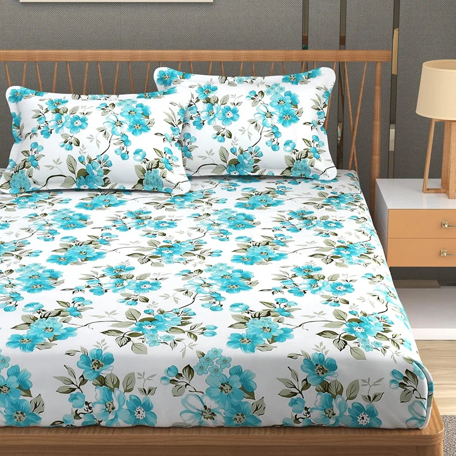 Homefab India 180 TC Microfiber Double BedSheet with 2 Pillow Covers -  - Aqua, White, Floral