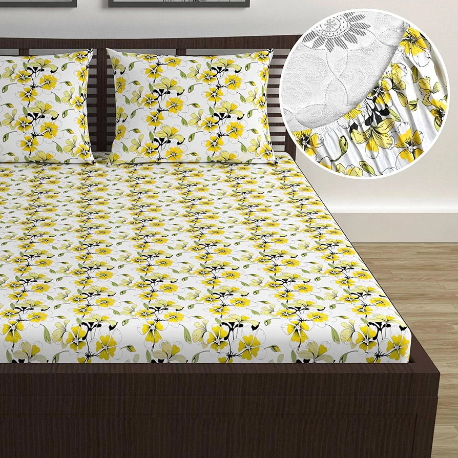 Divine Casa Floret 100% Cotton Double Fitted Bedsheet | 144 TC | Deep Pocket Design | Soft & Breathable Fabric | Durable & Easy Care | 200 x 150 + 25 CM, Daffodil Yellow