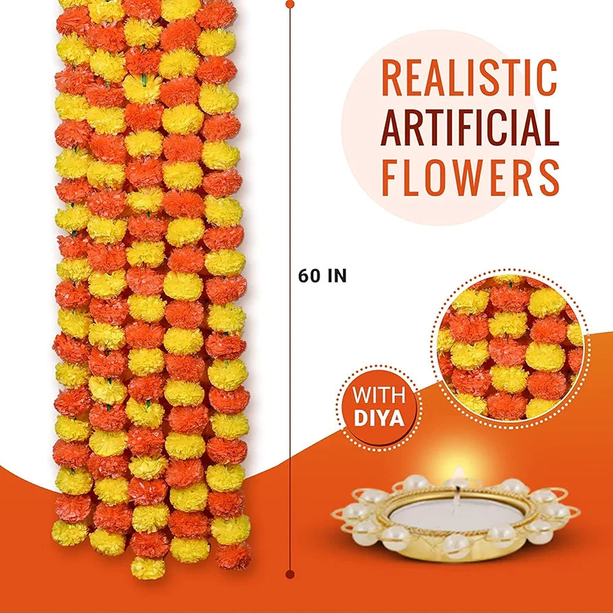 HOME BUY Artificial Marigold Flowers for Decoration Garland for Diwali & Festivals | 5 Feet Long 5pcs in 1 Packet 