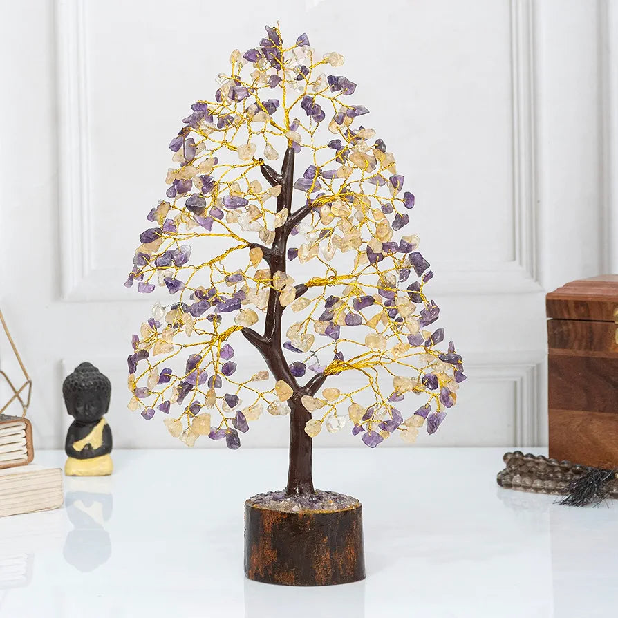 HindCraft Amethyst & Citrine Crystal Tree Good Luck Showpiece for Home Decor Items Crystals Gemstones Bonsai Money Tree for Good Luck, Decoration Gift Item, Golden Wire, 10-12 inch