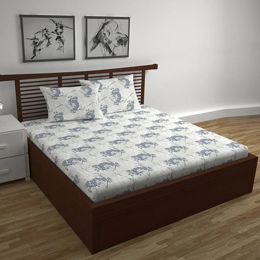 Divine Casa 144 TC 100% Cotton Double Bedsheet with 2 Pillow Covers | Skin-Friendly Fabric for Everyday Comfort | 254 X 222 CM | Floral Pattern | Grey Blue