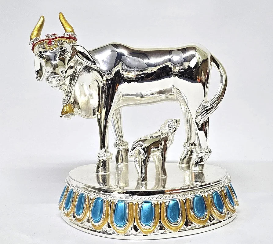 Gold Art India Kamdhenu Cow with Calf 999 Silver Plated Plain | Large Size Vastu & Feng Shui Figurine | Divine Gaumata for Home & Office Decor | Handcrafted with Blue & Gold Accents 