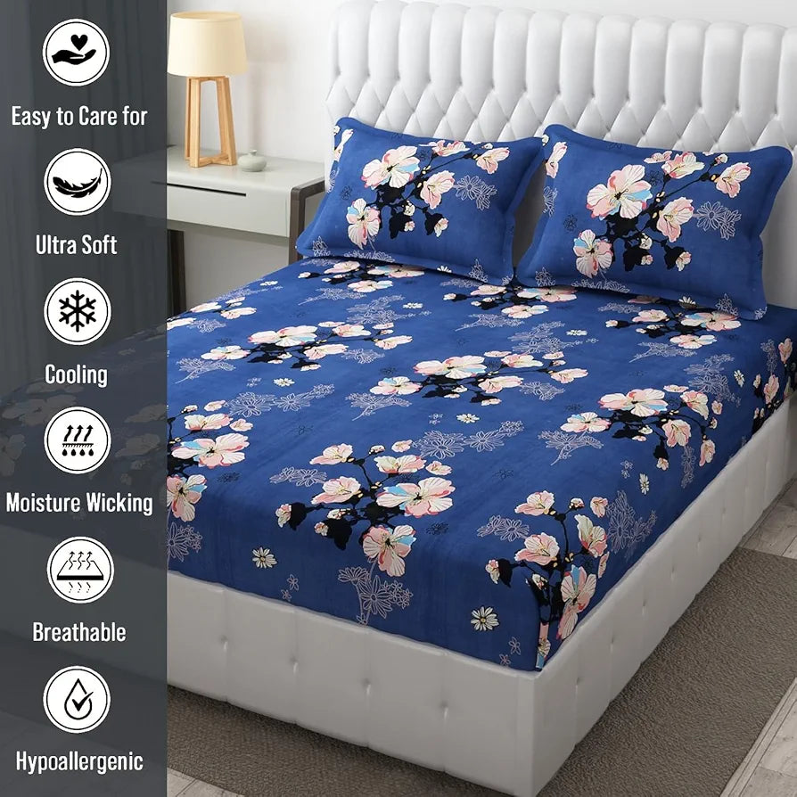 FRESH FROM LOOM Rotary Printed King Size Double Bedsheet-Hypoallergenic,Wrinkle Free Microfiber Bed Sheets With 2 Pillow Covers,144 TC,Blue
