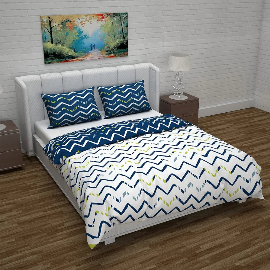 Divine Casa Micro Polyester Reversible Double Bed Queen Size Floral Printed Duvet Cover, Dark Blue and White