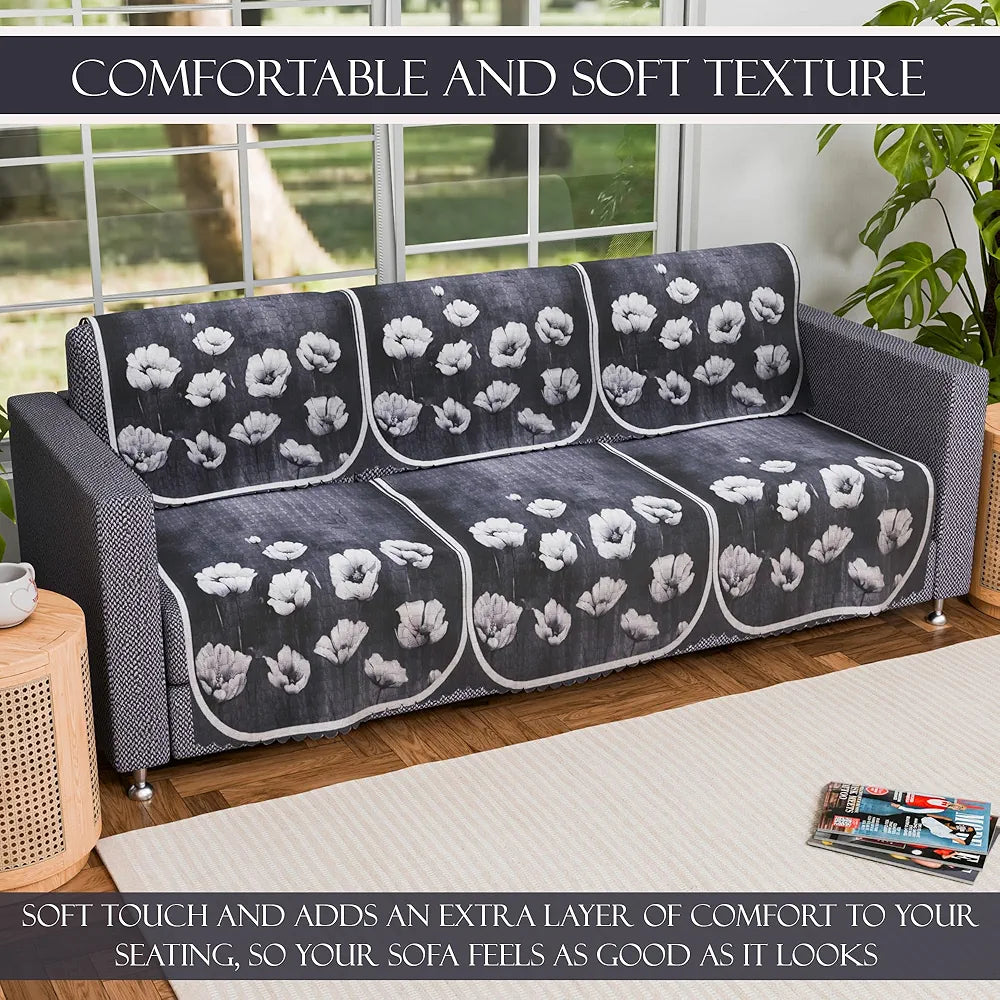 Kuber Industries Set of 6 Durable 3 Seater Sofa Covers for Living Room | Easy Machine Washable SOFE ke Cover for Protection & Comfort for Home | Lotus Print - Grey