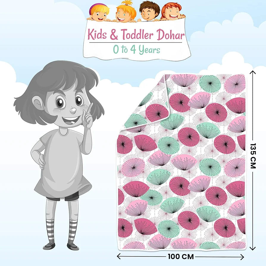 Divine Casa Floret 100% Cotton Single Kids Dohar | 120 GSM | Soft & Lightweight Throw Blanket | Cozy & Breathable Bedding | All-Season Comfort | 140 x 100 CM, Rose Pink
