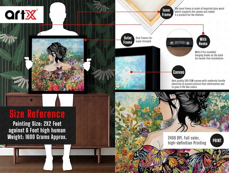 ArtX Woman Butterfly Big Canvas Painting For Bedroom, Living Room,Drawing Room With Frame, Multicolour, Square, 24.0 x 24.0 inch, 2x2 Feet, Set Of 1