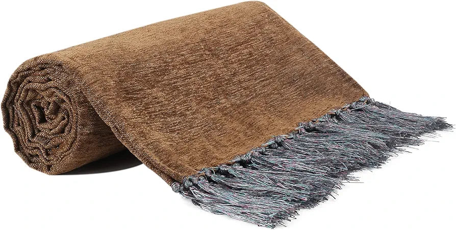 Cazimo Soft Chenille Premium Throw Blanket with Tassel Fringe, Fade Resistant, All Seasons,Ultra-Soft for Decorative Sofa & Bed Cover, Chair & Travel, 60x50 Inches, Pack of 1, Brown