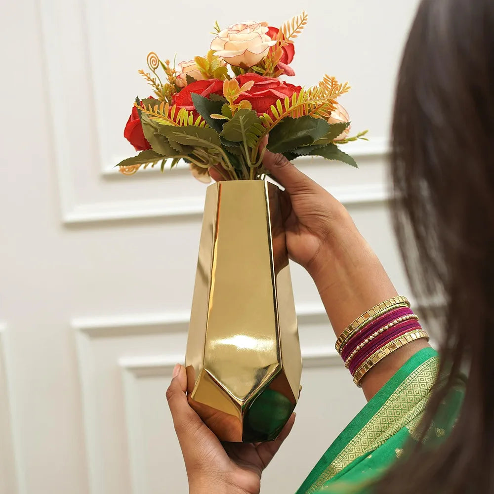Behoma Designer Stainless Steel Prism Glow Flower Vase | Modern Design Flower Vase for Home Decor | Center Table Decorative Item for Living Room, Dining Table, Office, Bedroom | Golden