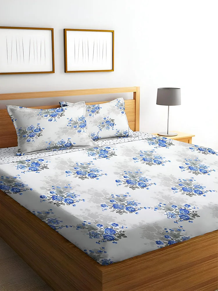 Polycotton 220 TC Floral Printed King Size Double Bedsheet with 2 Pillow Covers, (90 x 90 Inches, Ristes
