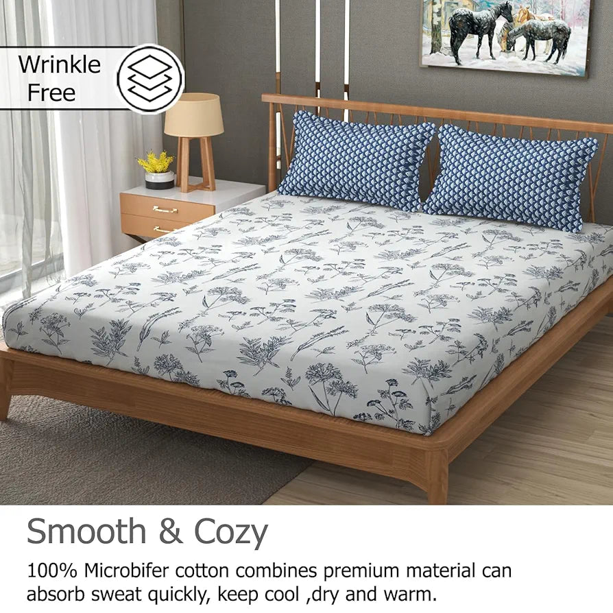 Fresh From Loom Microfiber Soft Cotton Bedsheet Queen Size |Hypoallergenic Bedsheet for Double Bed | 200 TC Anti Fade Printed Bed Cover with 2 Pillow Cover 