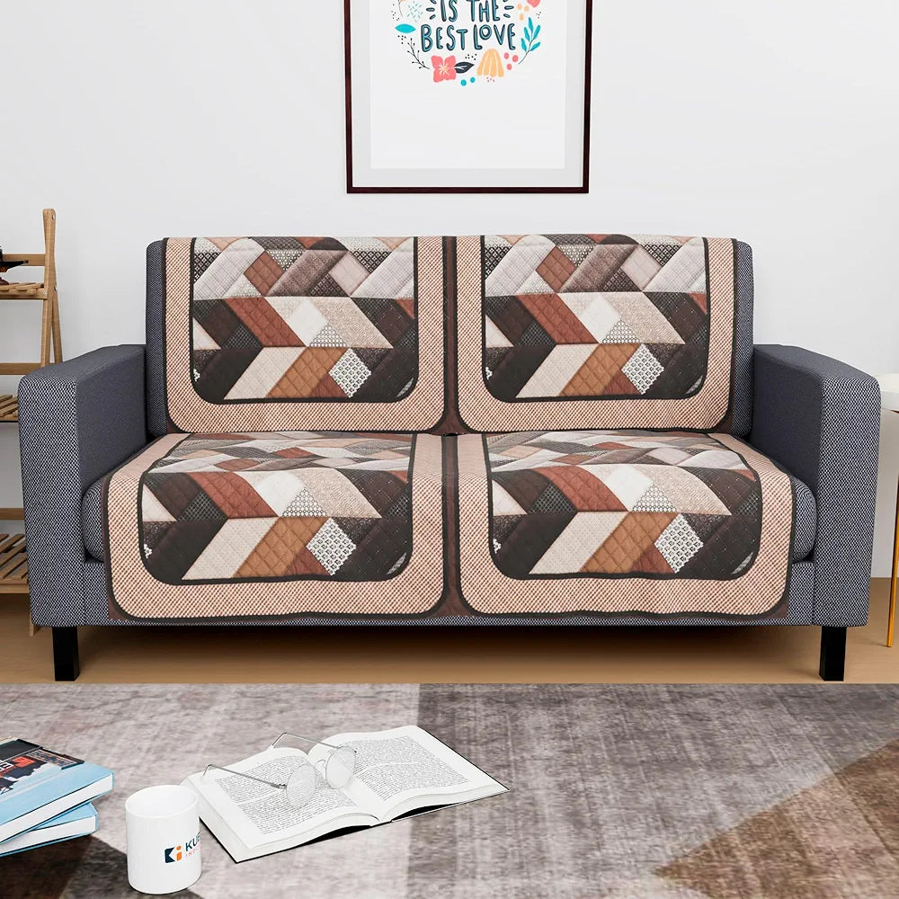 Kuber Industries Set of 4 Velvet 2 Seater Sofa Covers for Living Room | Easy Machine Washable Sofe ke cover for Home Comfort | Triangular-Cream & Brown
