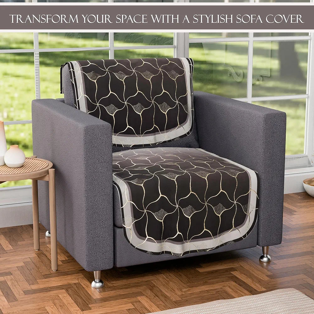 Kuber Industries Set of 10 Anti-Skid Sofa Cover 5-Seater | Comfortable Slipcover Sofa Cloth & Furniture Protector for Home Decor | Arabica Look - Brown & Golden Foil