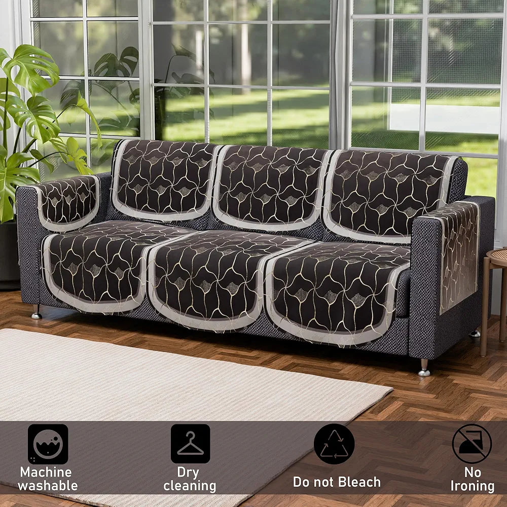 Kuber Industries Set of 16 Anti-Skid Sofa Cover 5-Seater with Arm Cover | Comfortable Slipcover Sofa Cloth & Furniture Protector for Home Decor | Arabica Look - Brown & Golden Foil