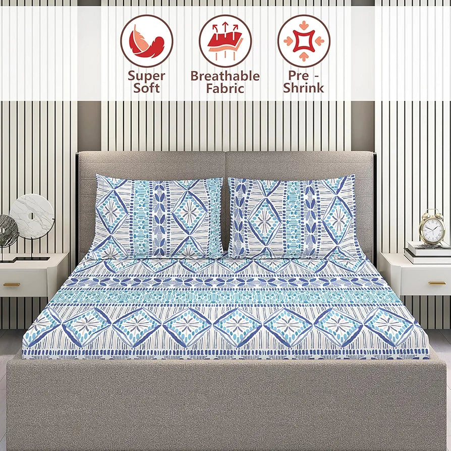 Layers Home Easy 100% Cotton Bedsheet Set for All Seasons - Lightweight, Moisture Absorbent, Machine Washable & Easy to Care - Gift for Housewarming & More - 144 TC - Queen Size 