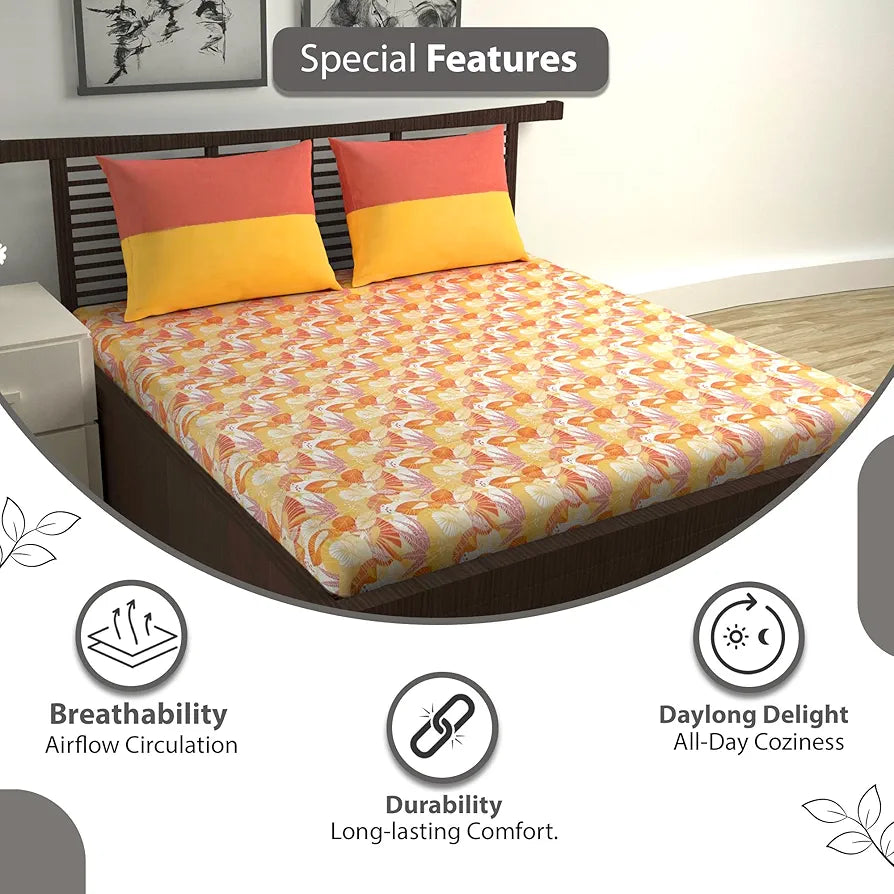 Divine Casa 144 TC Pure Cotton Double Bed Bedsheet with 2 Pillow Covers | Smooth & Comfortable for Daily Use | All-Weather Coziness & Bedroom Style | Size 222 x 254 CM | Regal Paisley | Peach Yellow