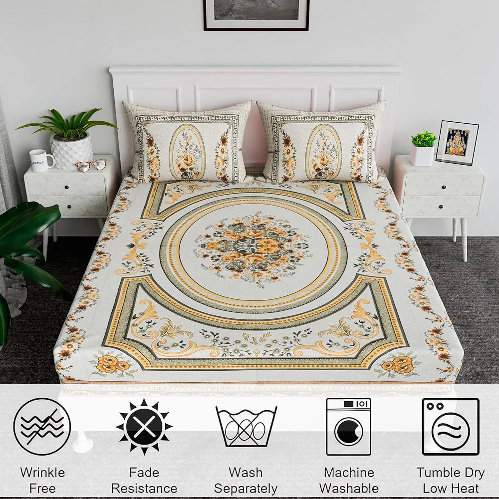 Kuber Industries 100x108 Inch Cotton Bedsheets for Double Bed with 2 Pillow Covers | Easy to Wash & Maintain Double Bedsheet Cotton Fabric for Daily Use | Kaleen Flower -Yellow