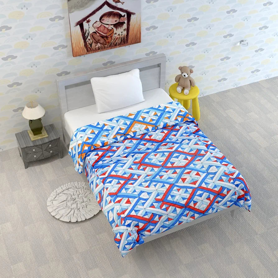 Divine Casa 120 GSM Microfiber Reversible Kids Single Bed Comforter | Ultra-Soft Toddler Blanket | Lightweight & Cozy | All-Season Bedding for Babies & Kids | 135 x 100 cm, Blue-Red and Orange
