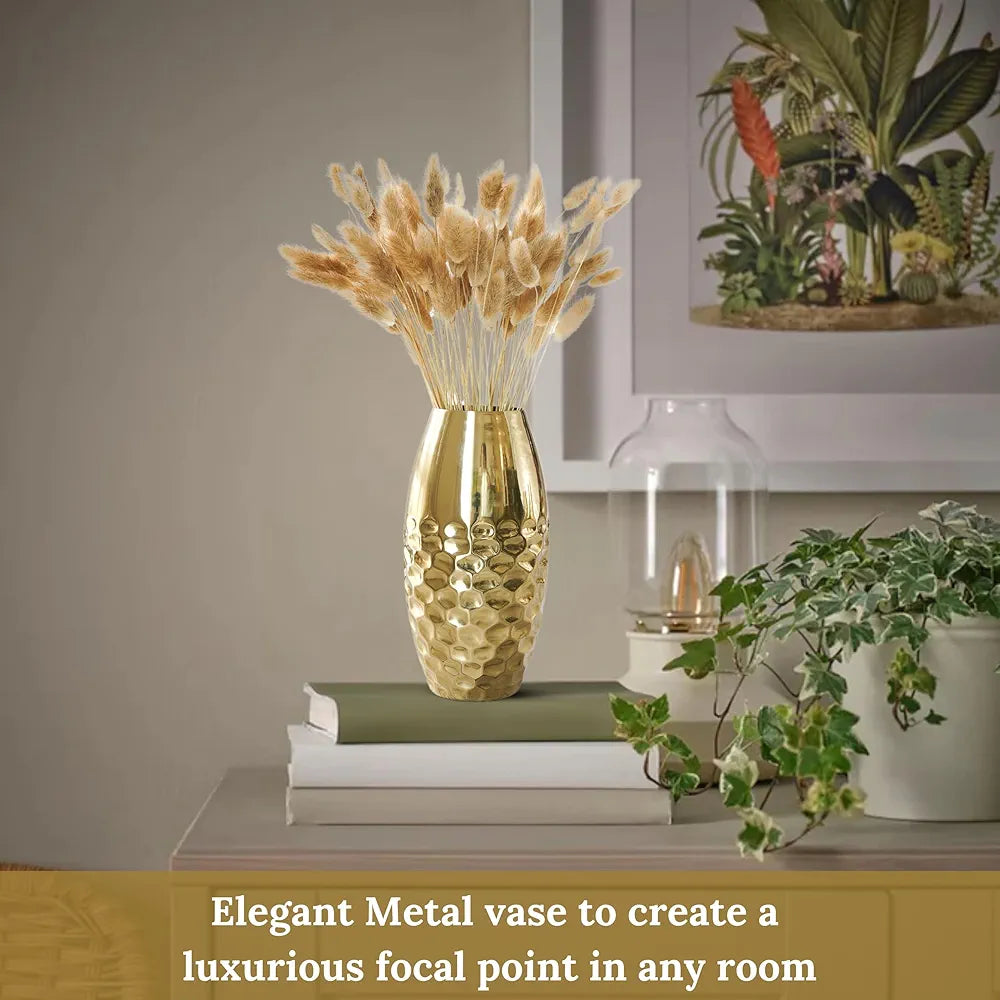 Behoma Metal Hammered Vase for Home Decor Decoratives for Indoor Living Room | Best Gift for Birthday Anniversary Valentine's Day |Golden Half Hammered Oblong Shape 1 Large Pcs 