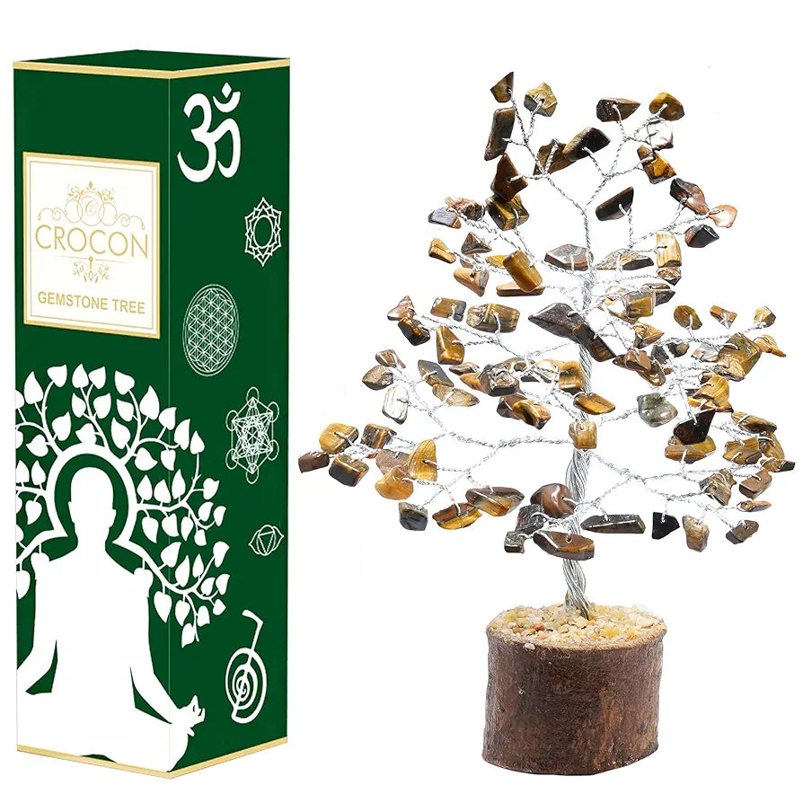 Crocon Tiger Eye Gemstone Money Tree Feng Shui Bonsai for Reiki Healing Chakra Stone Balancing Energy Generator Spiritual Home Interior Office Decor Size: 7-8 Inch