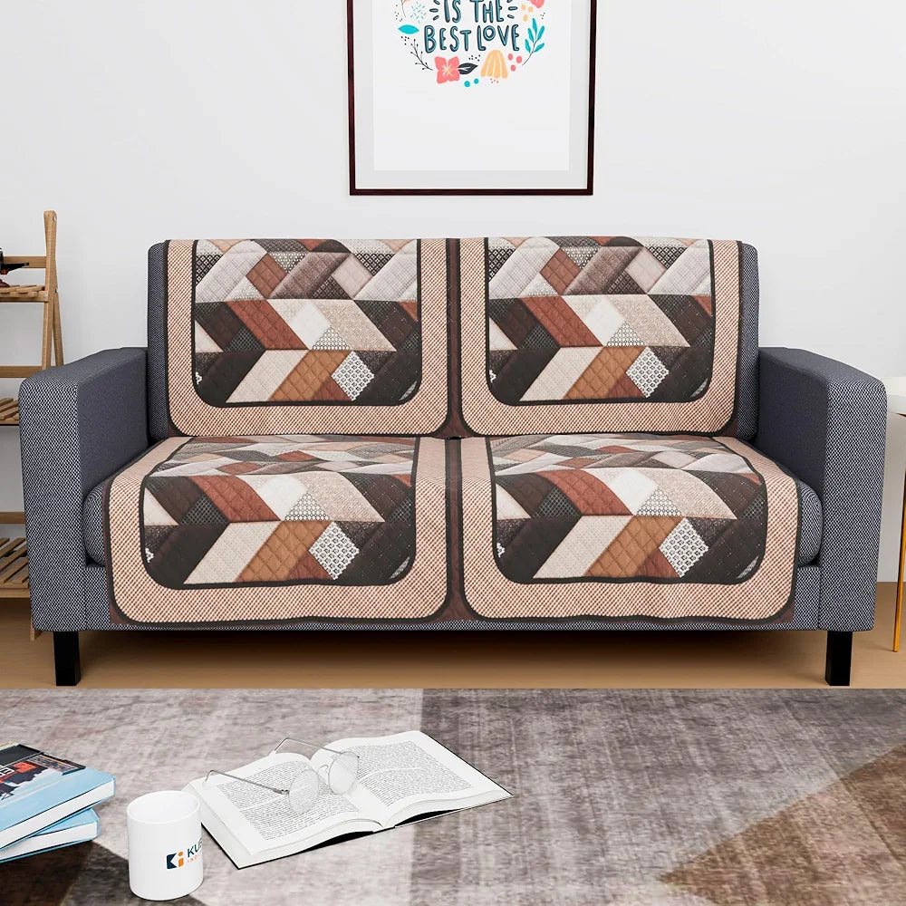 Kuber Industries Set of 4 Velvet 2 Seater Sofa Covers for Living Room | Easy Machine Washable Sofe ke cover for Home Comfort | Triangular-Cream & Brown